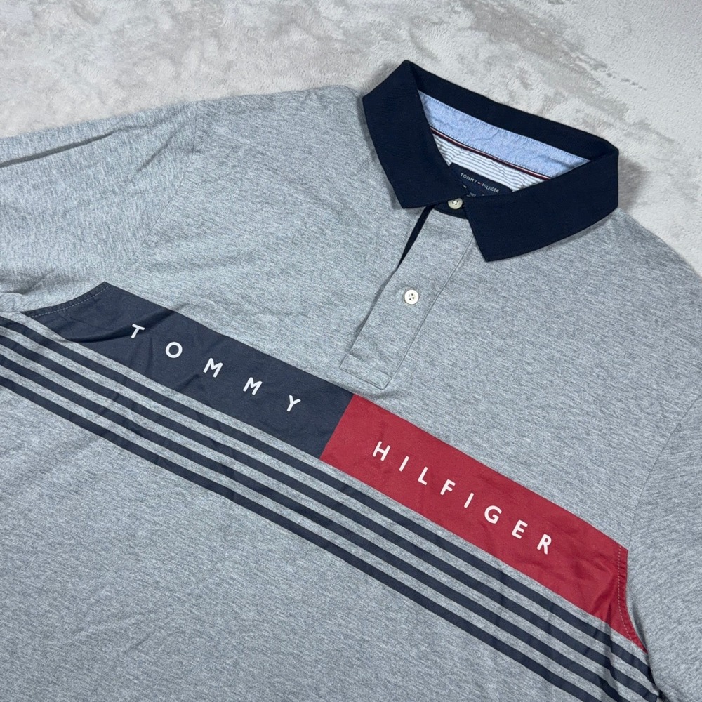 Tommy Hilfiger Polo Shirt Mens 2XLT Grey Big Logo Spell Out Stripe Sleeve Cotton